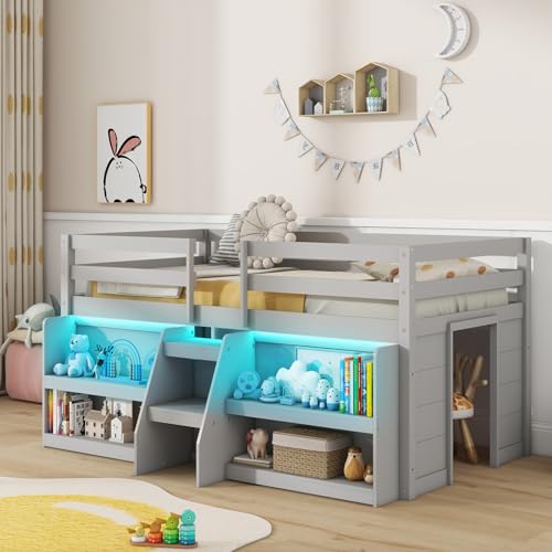 GIANTEX Twin Loft Bed with LED Lights, Wooden Loft Bed Twin Size