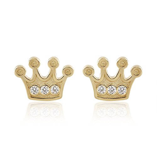 BallucciToosi Cute Crown Stud Earrings -14K Solid Yellow Gold Small Unique Earring with Cubic Zirconia and Screw Back- Jewelry for Baby Girls and Womens