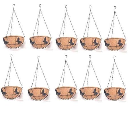 COIR GARDEN -Coir garden Metal Hanging Basket 12 inch - 10 Piece Butterfly Design - Coco Gardening pots with Stand and Chain - Flower pots gor Hanging, Indoor and Outdoor Garden Decoration