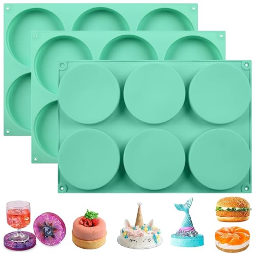 Zorazio 4Inch Round Silicone Mold for Baking, 3Pcs Large Silicone Muffin Top Pan Non-Stick, 6-Cavity Baking Mold for Breakfast Sandwiches Hamburger Egg Whoopie Pie