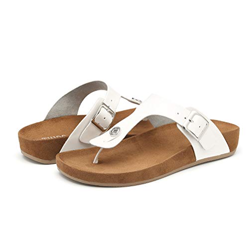 Women's T-Strap Thong Sandals Buckle Slip On Flip-Flops Beach Casual Platform Footbed Slippers (5, White)