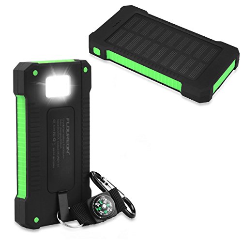 FLOUREON 10000mAh Solar Charger Power Bank Waterproof Portable External Battery Backup with Dual USB for Android iPad iPhone Cellphones, LED Flashlight with Compass for Emergency(Green)