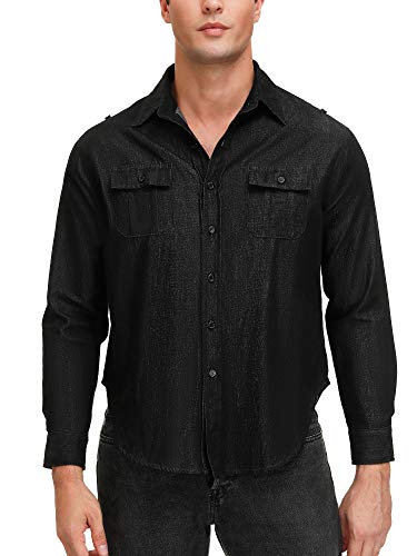 SATINIOR Men\'s Long Sleeve Button Down Shirts Woven Casual Dress Shirt Work Shirts (Black, 40/M)