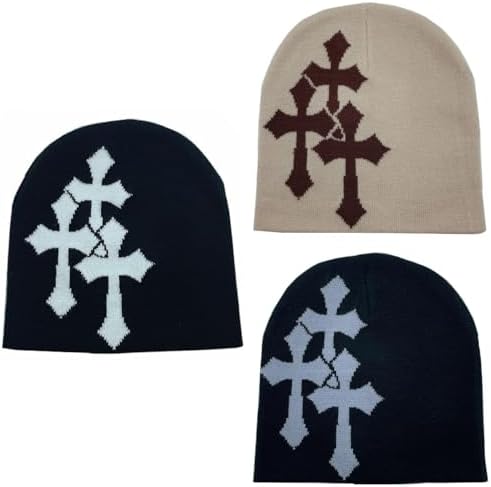 Fashion Knit Beanie with Cross Pattern Y2K Unisex Soft Jacquard