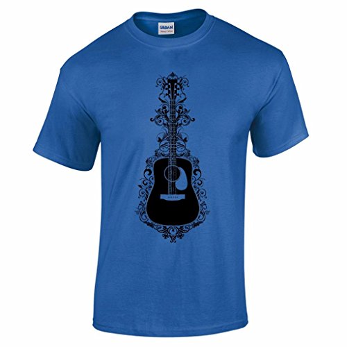 Men's Floral Acoustic Guitar Rock & Roll Blues Band Music T Shirt Royal Blue L
