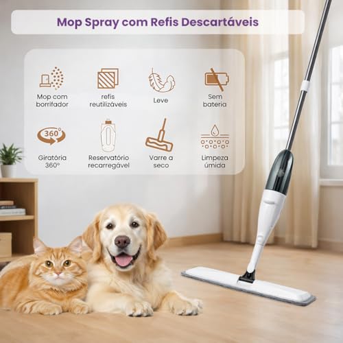 Mop Spray com Reservatório e Refil de Microfibra Lavável, Cabo Ergonômico e Cabeça 360° – Rodo Limpeza para Porcelanato, Laminado e Piso Frio – Limpeza Prática Sem Balde