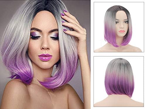 Yopo Short Ombre Wigs Dark Roots Silver Purple Wig Colorful Bob