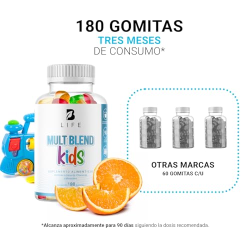 B Life Company Mult Blend Kids Gummies 180 gomitas SIN AZÚCAR añadida. Ingredientes naturales: Vitaminas y Minerales. Mult Blend Kids.