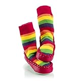 Mocc Ons Moccasin Style Slipper Socks, Rainbow Stripes - 12-18 Months