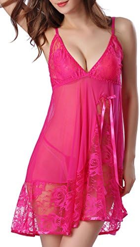 FashionShop365 Women's Exotic Lace Sexy Sleepwear Mesh See-through Babydoll Lingerie For Women Rose Red M