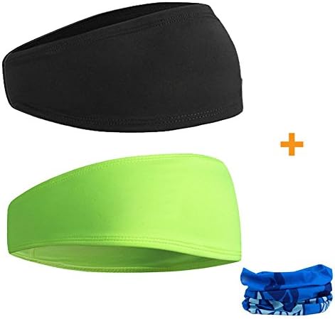 Sport Headband Wide Sweatband for Men &amp; Women, Yoga, Running, Workout, Tennis, Elastic hair bands with Outdoor Riding Face Mask ( 2packs + 1pc,Black/Green)