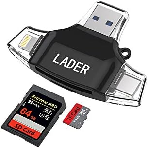 LADER SD / Micro SD Card Reader for iPhone iPad / Android Phone / Apple Macbook / Computer, Memory Card Adapter with Lightning, Micro USB, USB C, USB 4 Interfaces, Picture and Video Viewer for Camera