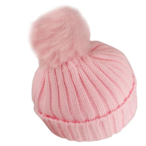 Kid's Ribbed Knit Cuff Beanie with Fur Pom Pom - PINK