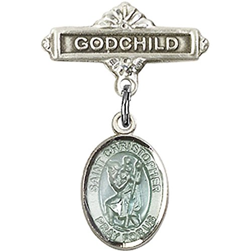 Sterling Silver Baby Badge with Blue St. Christopher Charm and Godchild Badge Pin 1 X 5/8 inches