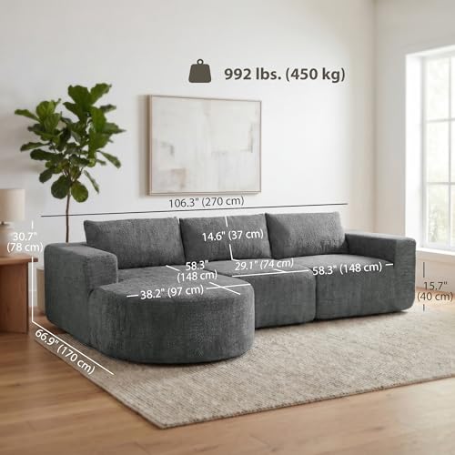 HOMCOM 106" Modular Sectional Sofa with Chaise and Deep Seat, 3-Seater L Shaped Cloud Couch, Upholstered Boneless Couch for Living Room, Bedroom, No Assembly Required, Dark Grey | Curved Foam Chaise