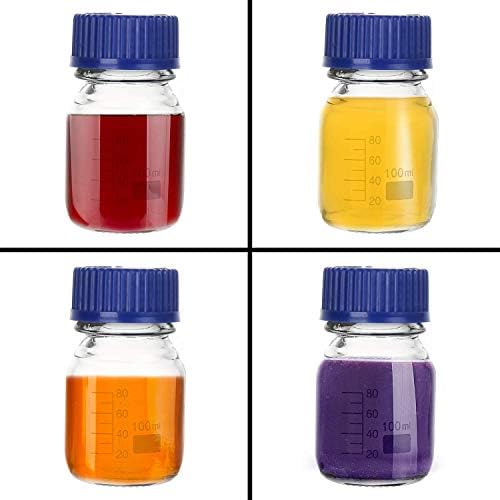 Cadamada 100ML Thick Glass Round Media Storage Bottles with Blue GL45 Screw Cap Pk/4 Thick Graduated Borosilicate Pyrex Glass Container