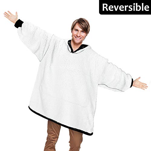 Oversized Blanket Sweatshirt, Super Soft Warm Cozy Wearable Sherpa Hoodie or Adults & Children, Reversible, Hood & Large Pocket, One Size, Black