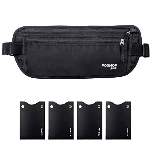 FOXNOV RFID Blocking Travel Money Belt with 4 Card Protector Sleeves