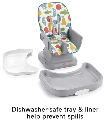 Fisher-Price SpaceSaver High Chair Navy Foliage, portable infant-to-toddler dining chair and booster seat with easy clean up features