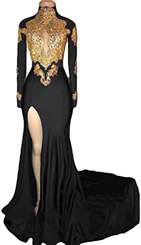 VikDressy Women's Mermaid High Neck Prom Dress 2018 with Gold Appliques Long Sleeves Evening Gowns