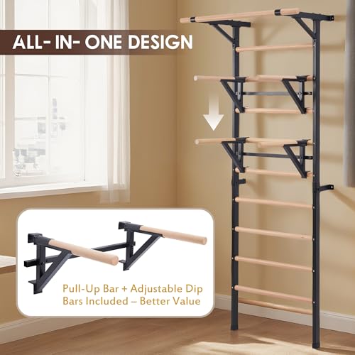 Morohope Solid Beechwood Stall Bar, 90" Swedish Ladder Wall Gym with Pull-up Bar & Dip Station, 220lbs Capacity Wall Mounted Gymnastics Ladder for Adult Home Gym, Stretching & Bodyweight Training