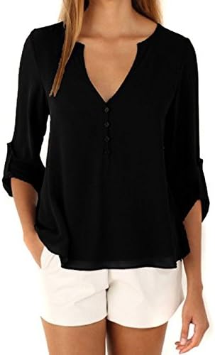 MUZOOE Women's V-Neck Button Detail Dip Back Solid Blouse Top (Small/US 6, Black)