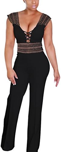Misstyle Womens Sexy Sleeveless Deep V Neck High Waist Long Wide Leg Jumpsuits Rompers (M, Black)