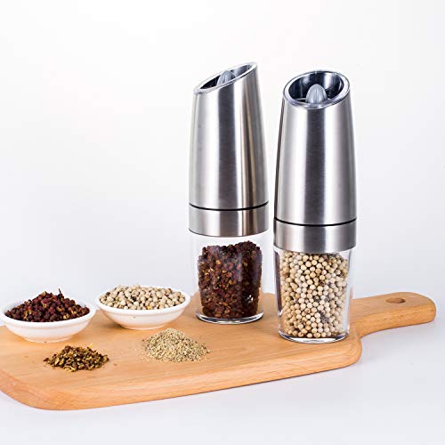 Electric Gravity Pepper Grinder Set, Automatic One-Hand Operated Salt And Pepper Grinder Set, Adjustable Coarseness Refillable Salt Grinders With LED Light(Set of 2), Silver