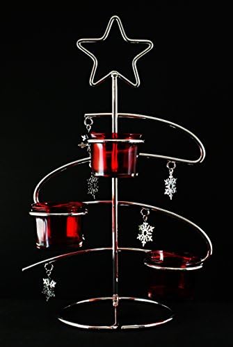 Silver Plated Xmas Tree Star Snow Flakes Candle Holder w/ 3 Red Votive Glass Cups (Without Candle)