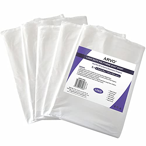 ARVO 5 Pack Extra Large Plastic Dust Sheets for Decorating - 3.9m x 4.9m (13ft x 16ft), Waterproof Polythene for Painting, Furniture, Floor Protection, Ideal with Paint Coveralls