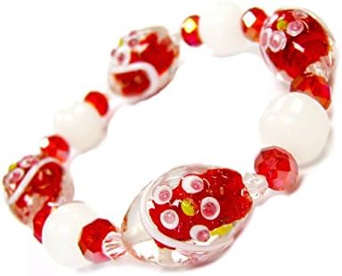 Linpeng LP09262012-06A Lampwork Glass Beads with Faceted Crystal Stretch Bracelet, Red White Olive