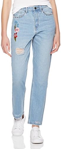 Lily Parker Women's High Waist Flower Embroidered Destroyed Ripped Jean 28 Light Blue
