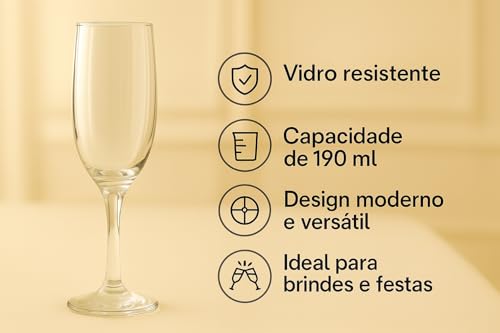 Jogo de 6 Taças de Champanhe para Brindes Casamentos e Festas Premium Elegante Durável Transparente Resistênte (Taças de Champanhe em Vidro)
