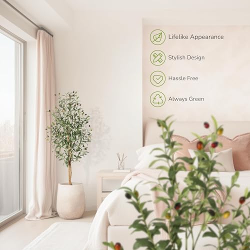 Garvee 150cm Artificial Olive Tree, Faux Plant with Natural Wood Trunks, 864 UV-Resistant Silk Leaves, White Ceramic Pot with Weighted Base, Farmhouse Floor Decor for Living Room, Entryway, Office