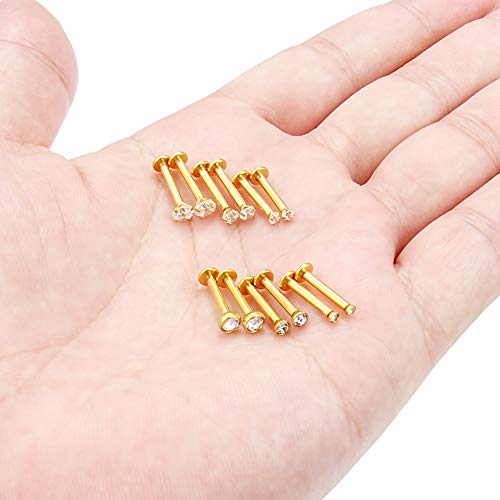 SCERRING 6 Pairs 14G Stainless Steel 2mm 3mm 4mm Clear CZ Internally Threaded Labret Monroe Lip Earring Ring Body Piercing Jewelry 10mm - Gold - Thumbnail 2