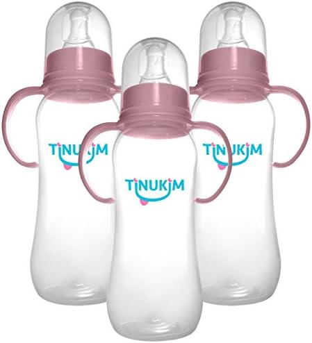 Tinukim Easy Grip Baby Bottle with Handles – Anti-Colic Nursing System, 9 Ounce (Set of 3 - Pink)