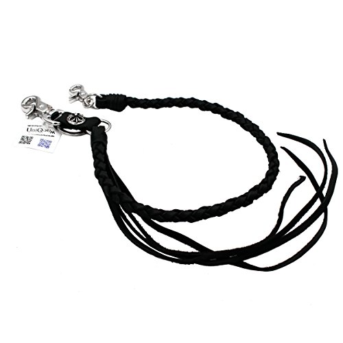 Uniqsum Braided Genuine leather wallet chain Cross charm Swivel Trigger snap Biker Punk Key chain (Cross Black)