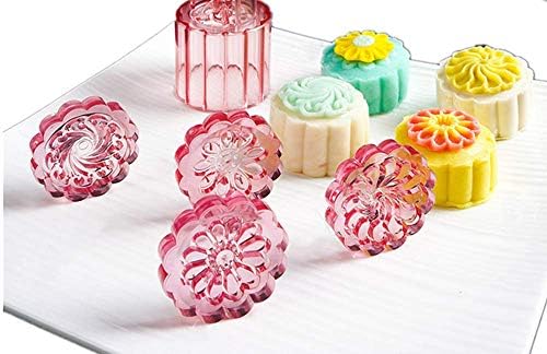 Moon Cake Mold with 4 Stamps, 50g manual moon cake mold Mid-Autumn Festival DIY biscuit cutter hand pressing mold (Pink)