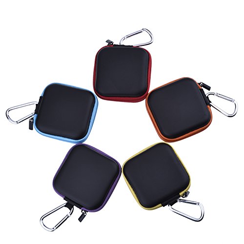 eBoot Earphone Square Carrying Case Earbud Storage Pouch with Carabiner for Cellphone Headset Earbuds and USB Cable, 5 Colors