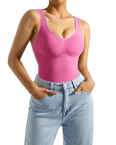 MOOSLOVER WOMEN SEAMLESS SCULPTING THONG BODYSUIT SLIMMING TUMMY CONTROL TANK TOPS SHAPEWEAR(XL,HOT PINK)