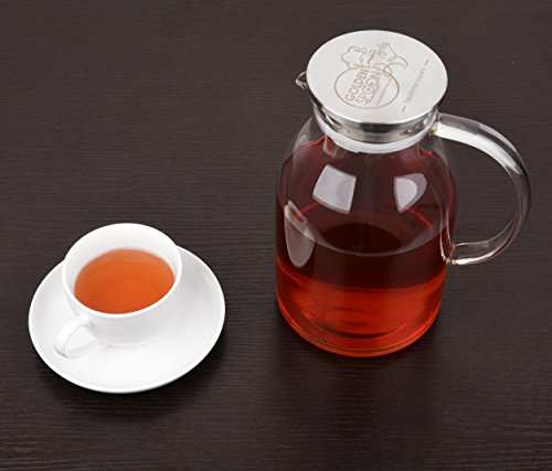 Glass Pitcher With Lid By Golden Spoon: Durable 68oz Glass Carafe With Airtight Cap - MicrowavFreezer Safe Borosilicate Glass For Hot And Cold Liquids - Comes With 2 Stirrers And A Strainer (68 oz)