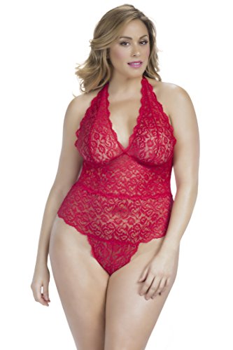 Oh la la Cheri Women's Plus-Size Queen Size Soft Stretch Lace Halter Teddy, Red, One Size
