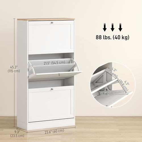 HOMCOM Narrow Shoe Cabinet with 3 Flip Drawers, Adjustable Shelves, White | Shoe Storage Cabinet, Hallway, Entryway, Holds 12-18 Pairs