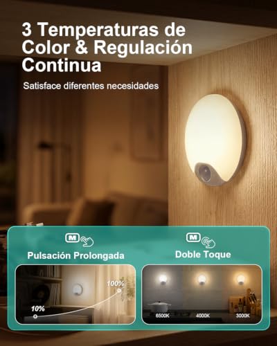 Luz Nocturna Sensor Movimiento Interior, Lampara LED Recargable 3 Modos (Auto/Encendido/Apagado), Luz de Noche Regulable Blanco Cálido/Natural/Frío, Iluminación para Escaleras, Armarios, 4 Piezas