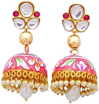 Women's Indian Ethnic 22 K Gold Tone Pearl Kundan Meena Enamel Pink Hanpainted Jhumka Jhumki Earrings Traditional Jewelry