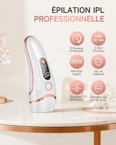 Haarlosy Pulsed Light Epilator, Laser Epilator 999,900 Flashes with 3 in 1 [HR/SC/RA], 2 Modes 9 Levels Energy IPL Laser Hair Removal for Armpits/Swimsuit, Home Salon, LCN1208