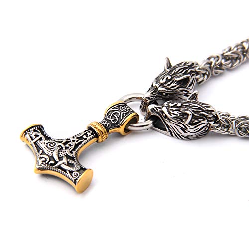 GUNGNEER Thor's Hammer Pendant Mixed Gold Color Viking Mjolnir Necklace for Men with Wolf Head, 316L Stainless Steel Bonus 2 Rune Beads (28) - Thumbnail 2