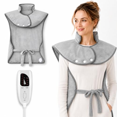 CoreBazz Electric Heating Pad for Neck and Shoulder and Back with 6 Heating Settings & 4 Timer, Large Size Heated Wrap with Auto Shut Off & Machine Washable (Silver Gray, 37x24 inch(94 * 61 CM))