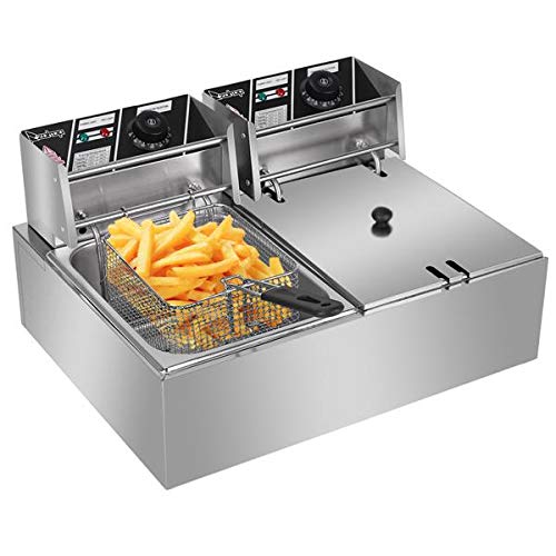 Heavy Duty Deep Fryer, 12.7QT/12L Stainless Steel Large Double Cylinder Electric Fryers with Removable Basket and Professional Heating Element, 110V/5000W Max US Plug (12L)