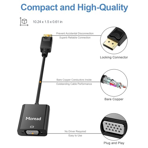 Moread DisplayPort (DP) to VGA Adapter, Gold-Plated Display Port to VGA Adapter (Male to Female) Compatible with Computer, Desktop, Laptop, PC, Monitor, Projector, HDTV - Black